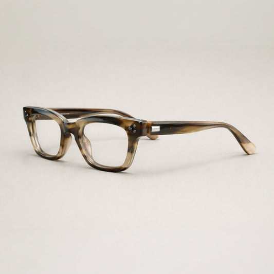 Product Title Artisan Amber-Tipped Havana Frames — Classic Sculpted Rectangular Eyewear