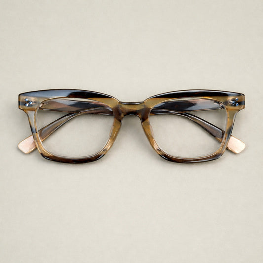 Product Title Artisan Amber-Tipped Havana Frames — Classic Sculpted Rectangular Eyewear